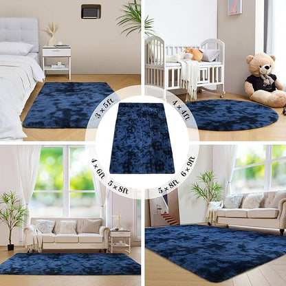 duduta 6x9 ft Navy Blue Rectangle Fluffy Rug, Tie-Dyed Shag Fuzzy Plush Rectangle Carpet for Bedroom Nursery Living Room Home Decor