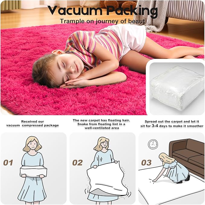 3x5 Rugs for Bedroom, Fluffy Small Area Rugs for Living Room, Soft Shag Fuzzy Carpet with 4 Non-Slip Stickers for Kids Boys and Girls Nursery Dorm Room Home Decor (Hot Pink, 3ft x 5ft)