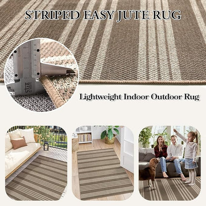Lahome Striped Non Shed Easy Jute Rug, 5x7 Large Living Dining Room Rug Washable Outdoor Patio Rug, Farmhouse Neutral Non Slip Stain Resistance Indoor Outdoor Carpet for Sunroom Bedroom, Khaki