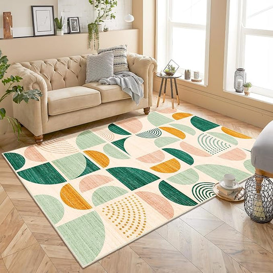 MUJOO Green Rug Boho Washable,4x6.5 Area Rugs for Bedroom Entryway Living Room Bedside,Small Throw Floor Carpet Non Slip Soft Indoor Modern Abstract Sage Green