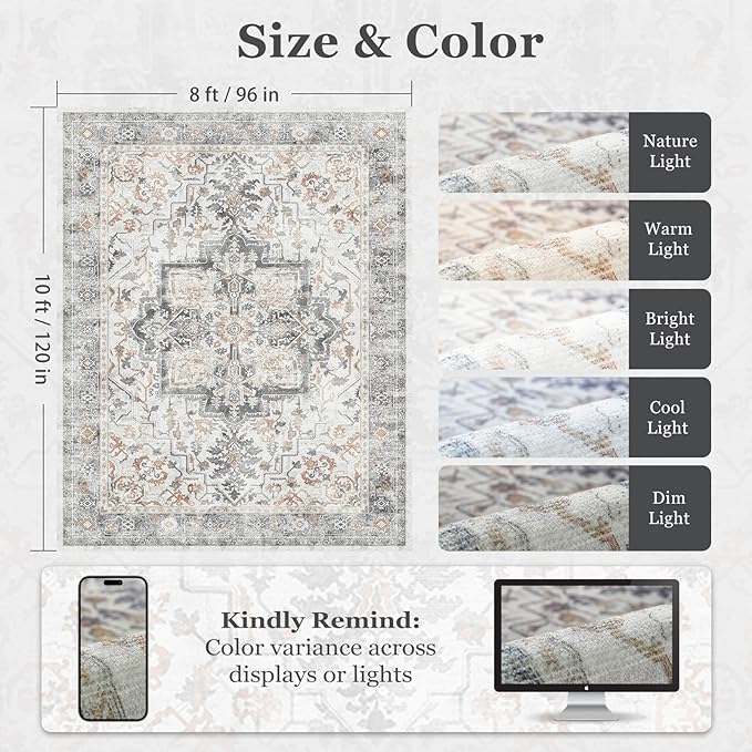 Farmhouse Distressed 8x10 Rugs for Living Room Bedroom, Washable Non Slip Vintage Dining Room Rugs for Under Table, Low Pile Thin Soft Carpet Medallion Pattern Printed Boho, Grey/Orange-Brown