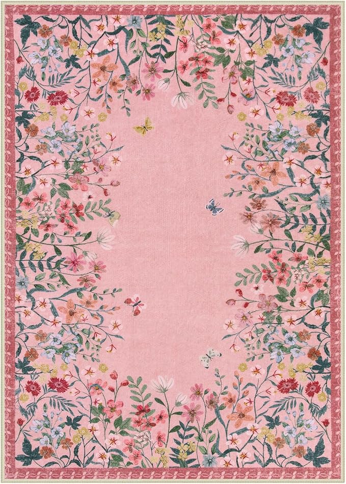 Lahome Boho Floral 5x7 Pink Rugs for Bedroom Girls, Non Slip Washable Nursery Rugs for Living Room, Pastel Indoor Throw Carpet for Dorm Classroom Playroom(Pink,5x7)