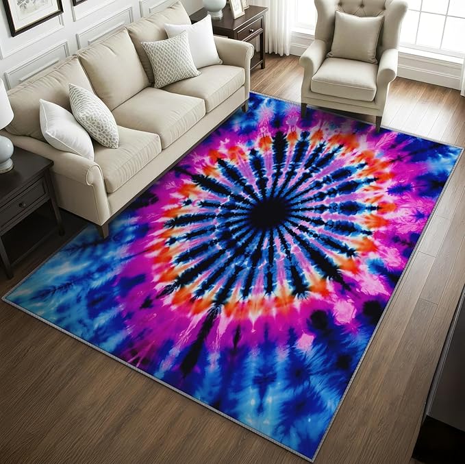 Tie Dye Rugs for Bedroom -Mandala Hippie Rug, 4x6 ft, Colorful Psychedelic Living Room Rug, Blue and Pink Abstract Washable Area Rugs for Bedroom, Multicolor Tie Dye Home Decor & Gifts