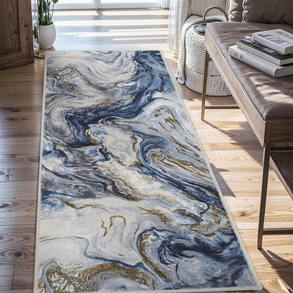 2x6 Runner Rug for Hallways Kitchen Modern Abstract Washable Runner Rug Blue Soft Non Slip Marble Carpet Runner for Laundry Entryway Bedroom Bathroom
