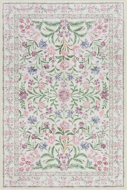 Wonnitar Boho Floral Area Rug 6x9, Washable Purple Rugs for Bedroom Girls, Non Slip Ultra-Thin Soft Indoor Baby Carpet for Nursery Dorm Kids Room Living Room, Light Purple/Pink
