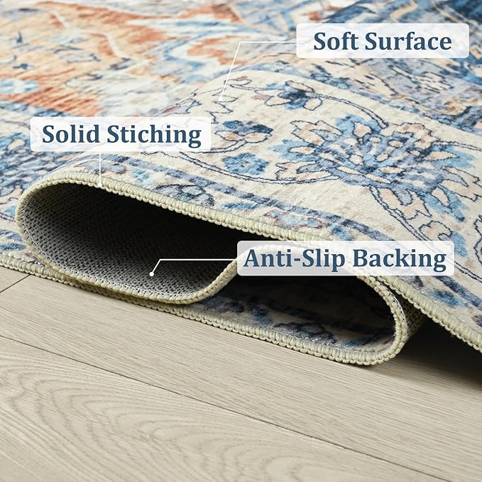 Large Area Rugs 8x10, Low Pile Washable Rugs, Soft Vintage Distressed Rugs for Living Room Bedroom, Office, Dining Room, Water Repellent & Non Shedding, Blue and Orange