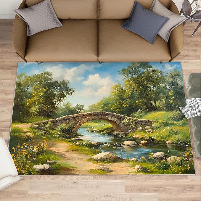 Forest Rugs for Bedroom - 6x9 Area Rug - Stone Bridge Stream Rugs for Living Room, Retro Country Style Rug, Non-Slip Washable Home Decor Carpet