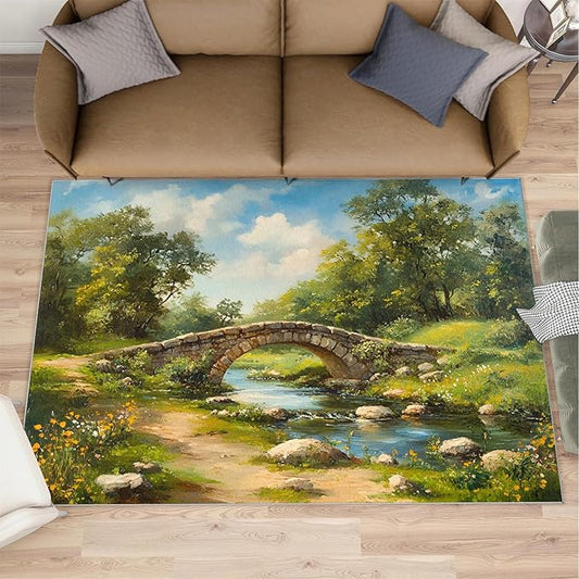 Forest Rugs for Bedroom - 6x9 Area Rug - Stone Bridge Stream Rugs for Living Room, Retro Country Style Rug, Non-Slip Washable Home Decor Carpet