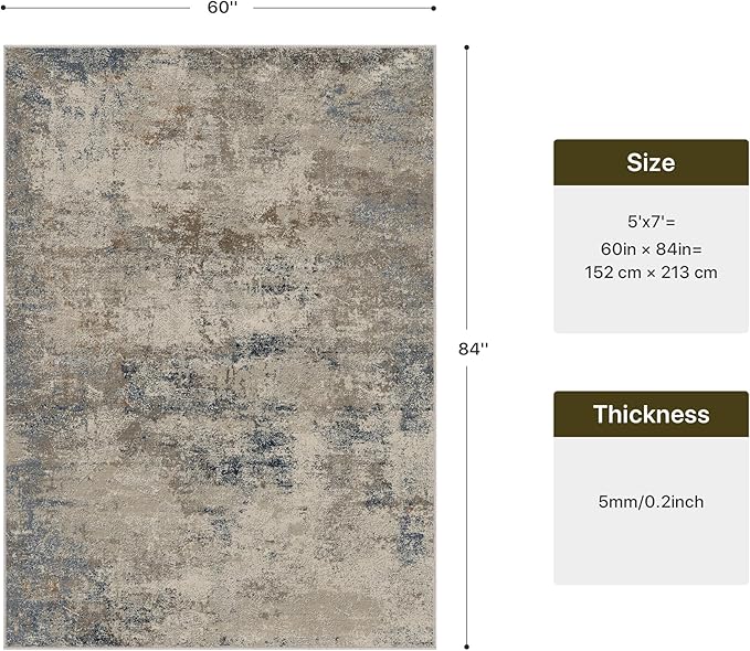 GENIMO Washable 5x7 Area Rugs for Living Room, Non Slip Modern Abstract Rug, Machine Washable Stain Resistant Low Pile Soft Carpet for Bedroom, Dining, Office, Grey Beige
