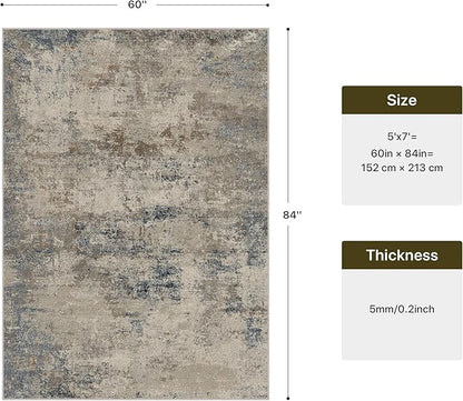 GENIMO Washable 5x7 Area Rugs for Living Room, Non Slip Modern Abstract Rug, Machine Washable Stain Resistant Low Pile Soft Carpet for Bedroom, Dining, Office, Grey Beige