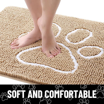 Smiry Dog Door Mat for Muddy Paws, Absorbent Dirt Trapper Non Slip Quick Dry Washable Chenille Mat for Mud Dogs, Entry Rug for Indoor and Outdoor (71x46 Inches, Beige and White)