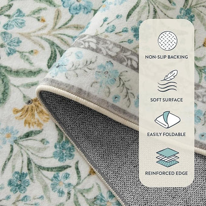 Lahome Blue 5x7 Area Rugs for Living Room, Boho Floral Washable Girls Bedroom Rug, Soft Retro Non-Slip Kids Nursery Carpet for Playroom Apartment Decor