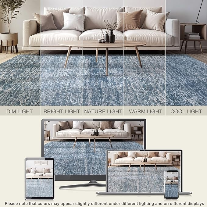 Area Rug Living Room Rugs - 10x12 Washable Large Soft Indoor Neutral Modern Abstract Low Pile Rug Carpet for Bedroom Dining Room Farmhouse Home Office - Dark Blue