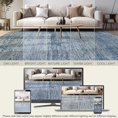 Area Rug Living Room Rugs - 8x10 Washable Large Soft Indoor Neutral Modern Abstract Low Pile Rug Carpet for Bedroom Dining Room Farmhouse Home Office - Dark Blue