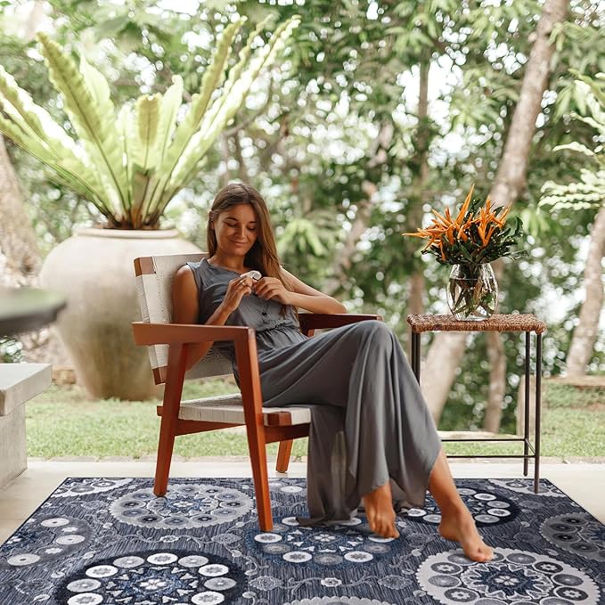 CAMILSON Indoor Outdoor Rug 5x7 Bohemian Medallion Floral Area Rugs for Indoor and Outdoor Patios Easy-Cleaning Non-Shedding Living Room Garden and Kitchen Washable Outside Carpet (5 x 7 / Navy)