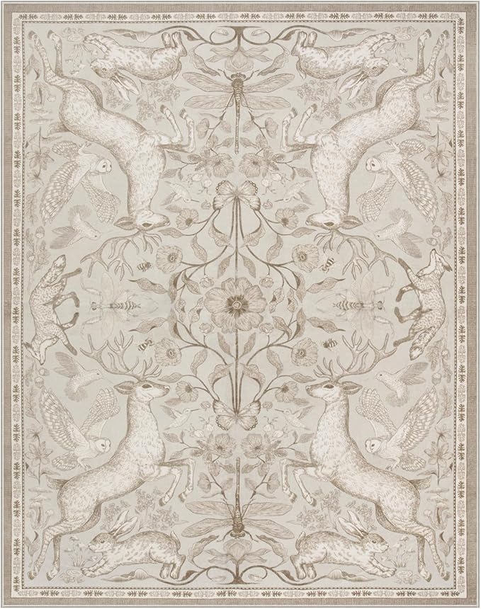 Lahome Boho Animal Washable Rugs for Living Room 8x10, Beige Soft Rugs for Bedroom, Botanical Large Boho Non Slip Dining Room Carpet for Under Table Office Kids Playroom (8x10ft,Beige)