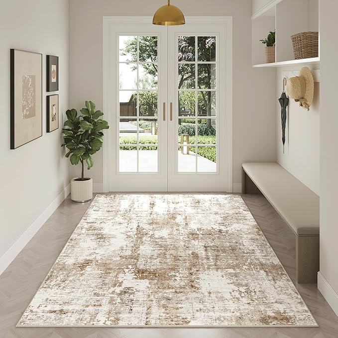 FMFUNCTEX 4x6 Washable Area Rug Abstract Modern Neutral Brown Grey Non Slip Soft Low Pile Thin Accent Entryway Entrance Indoor Carpet for Living Room Bedroom Dining Office Nursery Bedside, Grey Gold