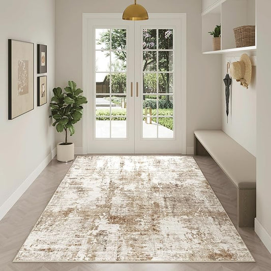 FMFUNCTEX 4x6 Washable Area Rug Abstract Modern Neutral Brown Grey Non Slip Soft Low Pile Thin Accent Entryway Entrance Indoor Carpet for Living Room Bedroom Dining Office Nursery Bedside, Grey Gold