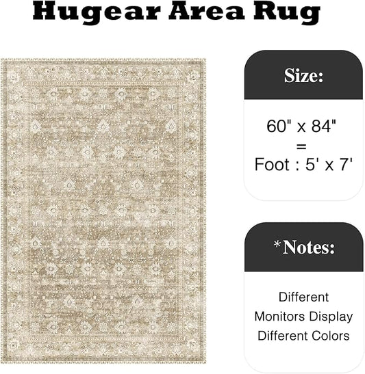 HUGEAR 5x7 Machine Washable Rugs Beige Hallway Area Rug Indoor Accent Rug Floral Low Pile Carpet Soft Throw Aesthetic Rug Bedroom Living Room Office Dining Room Kitchen Laundry Room Non Slip