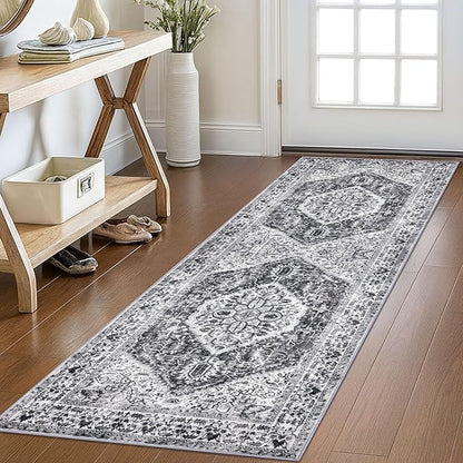 KOZYFLY Runners for Hallways 2x6 Ft Washable Kitchen Runner Rug Non Slip Runners for Entryway Indoor Printed Faux Wool Hallway Rugs Floor Carpet for Bedroom Kitchen Hall, Grey