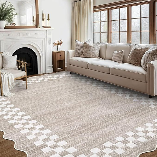 GarveeHome Scalloped Washable Rug 9x12 Area Rug for Living Room Modern Border Large Bedroom Throw Carpet with Rubber Backing Stain Resistant Boho Rug for Dining Room Home Decor Office, Fog
