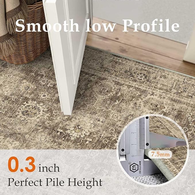 2x10 Washable Runner Rug for Kitchen Hallway Brown Vintage Non-Slip Low Pile Distressed Rustic Carpet Lightweight Vacuumable Soft Long Throw Rug for Indoor Entryway Bedroom