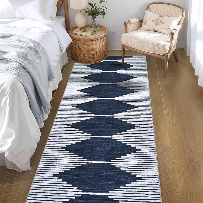 HelloTree Hallway Runner Rug，2.6x8 Moroccan Modern Stripe Carpet Washable Machine Bathroom Runner Bohemian Design Modern Soft Non Slip Indoor Rug for Entryway Hallway Laundry Room Bedroom-Blue