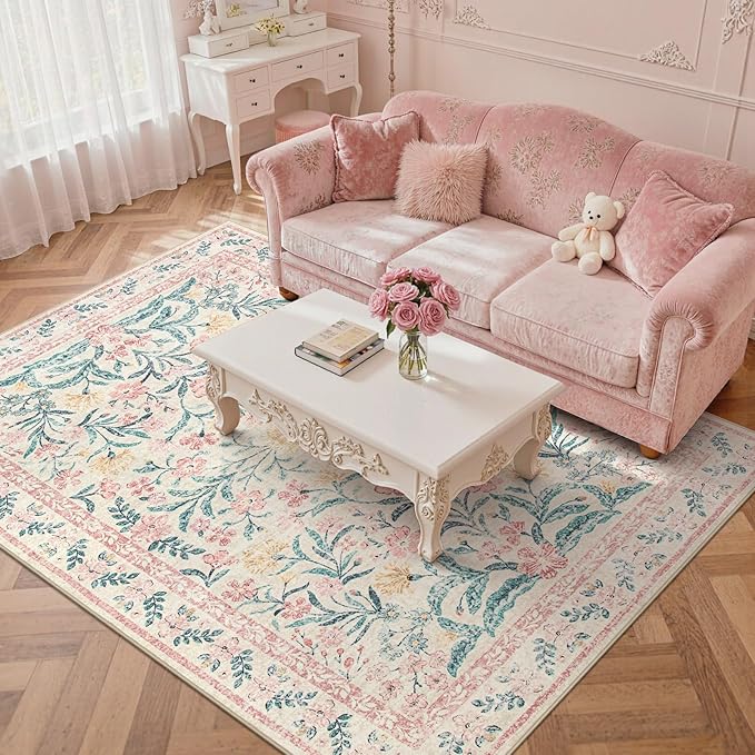 Wonnitar Pink Rugs for Bedroom Girls, 5x7 Washable Rug for Nursery Decor, Boho Soft Floral Carpet Non Slip, Indoor Ultra-Thin Floor Carpet for Baby Kids Room Living Room Dorm