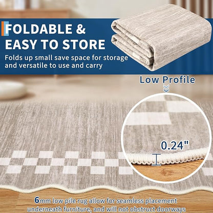 GarveeHome 10x13 Area Rug Large Living Room Scalloped Rug Non Slip Low Pile Bedroom Throw Carpet Soft Modern Bordered Dining Room Rug Stain Resistant Boho Carpet for Home Office, Fog