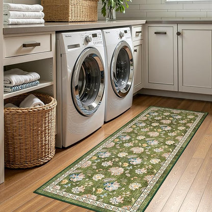 jinchan Elora 2x5 Floral Runner Rug for Hallway Washable Kitchen Runner Vintage Romance Design Non Slip Thin Indoor Floor Cover Low-Profile Throw Carpet for Entryway Bathroom Bedroom Porch, Green