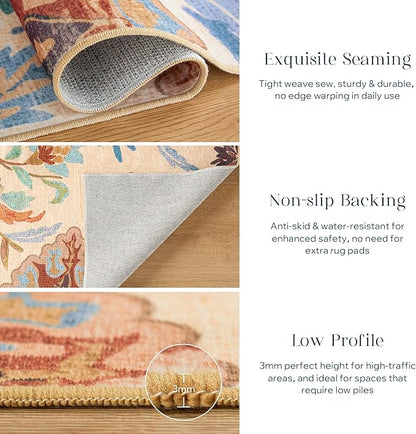Phantoscope Washable Area Rug 4'x6' Non-Slip, Vintage Boho Rugs for Living Room, Bedroom, Dining Room, Fall Orange Floral Medallion Pattern, Low-Pile Foldable Floor Carpet, Rust/Multi Floral