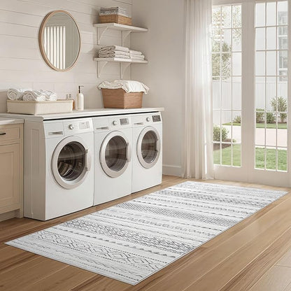 Nakagishi Runner Rug Kitchen Washable Rugs: 3x8 Non-Slip Boho Soft Modern Stain Resistant Indoor Floor Neutral Farmhouse Throw Carpet for Hallway Bathroom Laundry Room Entryway Bedroom- Grey