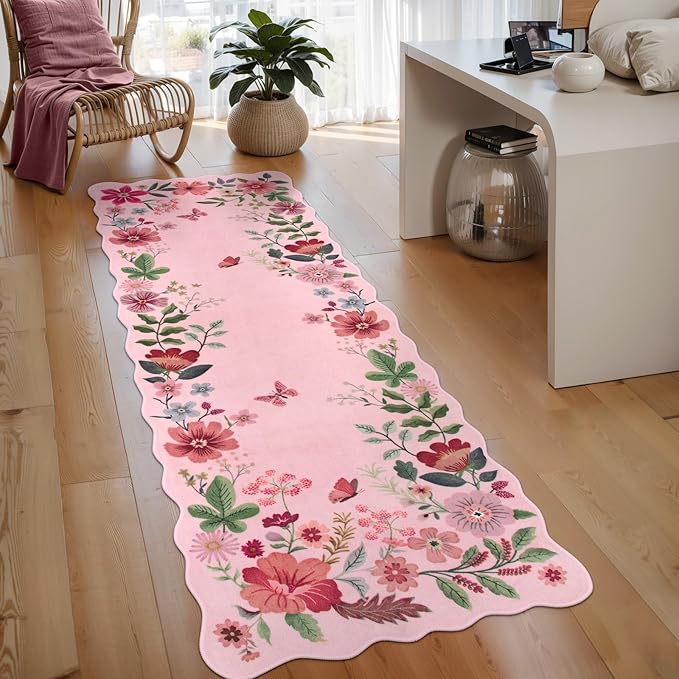 Lahome Floral Kitchen Runner, 2X6 Washable Runner Rug Non-Slip, Ultra-Thin Soft Hallway Rug Stain Resistant Boho Carpet for ‎Bedroom Laundry Bathroom, Pink