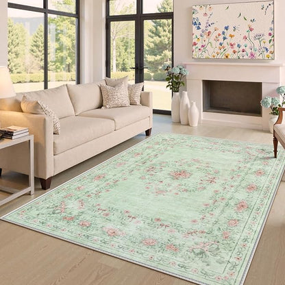 Wonnitar Floral Bow Print Washable Rugs 5x7, Sage Green Rug for Living Room, Ultra-Thin Non Slip Soft Boho Carpet for Dining Room Bedroom Kid Room Playroom, Light Green