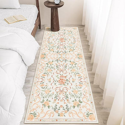 Washable Non-Slip Runner Rugs 2X6, Orange Rug Boho Farmhouse Bow Floral Area Rug for Hallway Kitchen Bedroom Beside Laundry Room Bathroom Rug, Low Pile Stain Resistant Soft Floor Carpet
