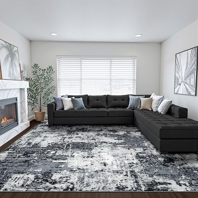 Washable Area Rugs 8'x10' Non-Slip Modern Abstract Soft for Living Room Entryway Bedroom Nursery, Print Pattern, Black Gray