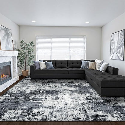 Washable Area Rugs 8'x10' Non-Slip Modern Abstract Soft for Living Room Entryway Bedroom Nursery, Print Pattern, Black Gray