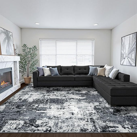 Washable Area Rugs 9'x12' Non-Slip Modern Abstract Soft for Living Room Entryway Bedroom Nursery, Print Pattern, Black Gray