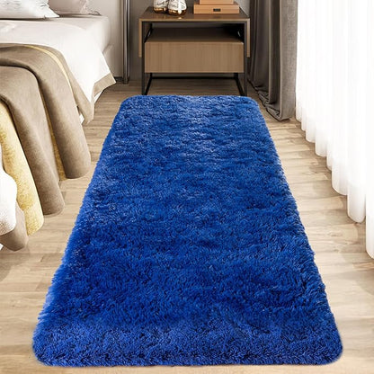 Zentavio Bedside Rugs for Boys Room 2x6 Runner Rugs for Hallway Bedroom Non Slip Fluffy Soft Shaggy Carpet for Kids Home Decor Aesthetic Dorm Nursery Navy Blue