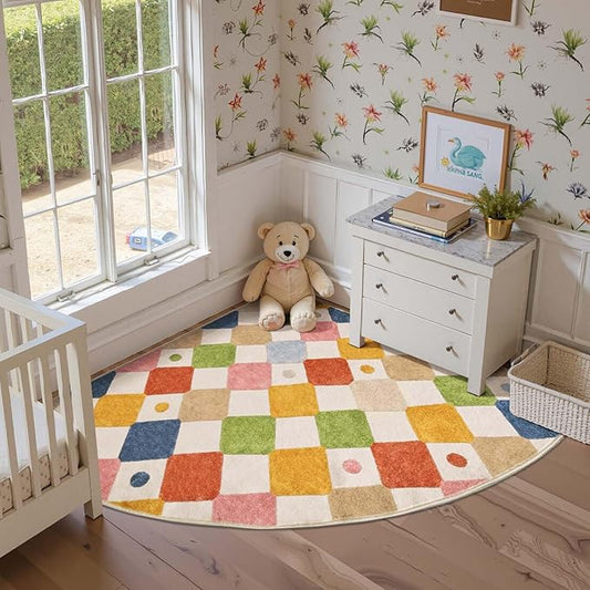 jinchan Macy Kids Rug for Nursery 5ft Radius Corner Washable Area Rug Modern Colorful Quarter Circle Rug Soft Non-Slip Carpet for Bedroom Playroom Daycare Reading Nook Classroom Circus on Cream