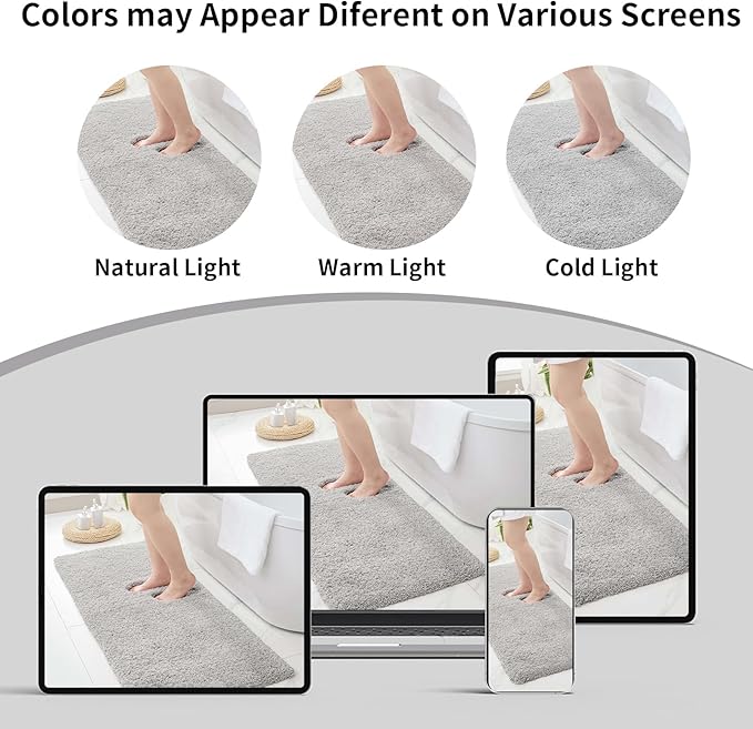 Grey Bathroom Rug 20x32 Non Slip Fluffy Bath Mat for Bathroom Floor Washable Plush Luxury Bath Rug for Tub Soft Shaggy Absorbent Shower Sink Mat