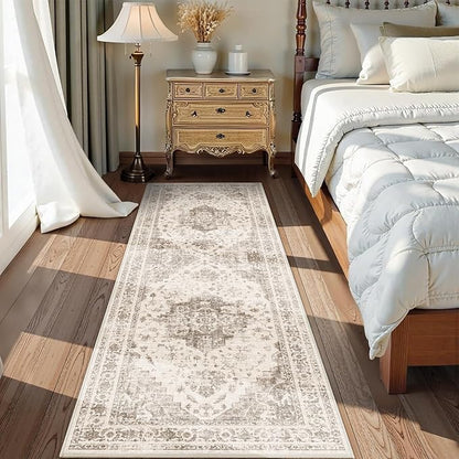 2x6 Hallway Washable Runner Rug Vintage Non-Slip Soft Kitchen Mat Boho Medallion Distressed Farmhouse Carpet Floral Low Pile Indoor Throw Rug for Entryway Bathroom Living Room Bedroom, Taupe