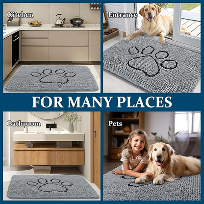 OLANLY Dog Door Mat for Muddy Paws 59x35, Paw Print Design, Absorbs Moisture and Dirt, Absorbent Non-Slip Washable Doormat, Quick Dry Chenille Mud Mat for Dogs, Entry Indoor Entryway Carpet, Grey