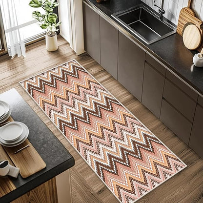 Brown Pink White Wave Runner Rug, 2x10ft Soft Tone Hallway Decor Carpet - Modern Home Corridor & Foyer Long Rug Non-Slip Mat, Washable Flannel Material, Bedroom Stylish Accent Rugs