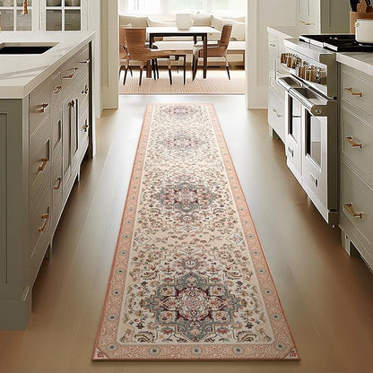 Phantoscope Washable Runner Rug 2'x10' Non-Slip, Vintage Boho Hallway Rugs for Entryway, Stair, Bedroom, Persian Floral Medallion Pattern, Low-Pile Foldable Floor Carpet, Ivory Rose/Fall Bloom