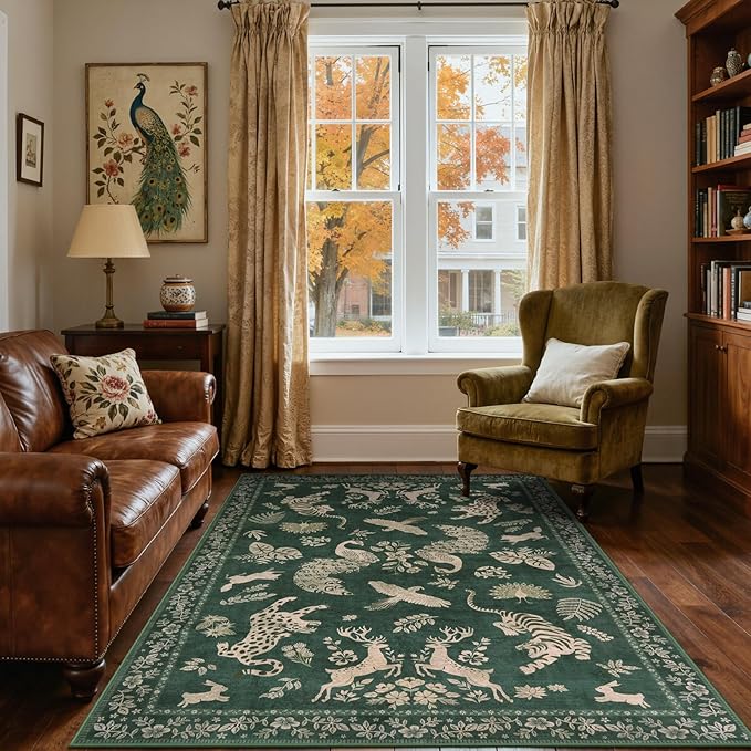 Moynesa Green 5x7 Living Room Rugs, Luxurious Vintage Boho Animal Washable Area Rug for Bedroom Dining Room Office Study, Low Pile Soft Non-Slip Easy Clean Retro Carpets for Indoor