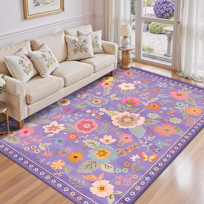 Floral 6x9 Area Rug Machine Washable Soft Print Boho Carpet Non Slip Doormat Low Pile Flower Area Rugs for Living Room Bedroom Nursery Kitchen Dining Room Indoor-Purple/Pink/Multi