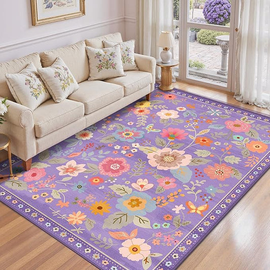 Floral 6x9 Area Rug Machine Washable Soft Print Boho Carpet Non Slip Doormat Low Pile Flower Area Rugs for Living Room Bedroom Nursery Kitchen Dining Room Indoor-Purple/Pink/Multi