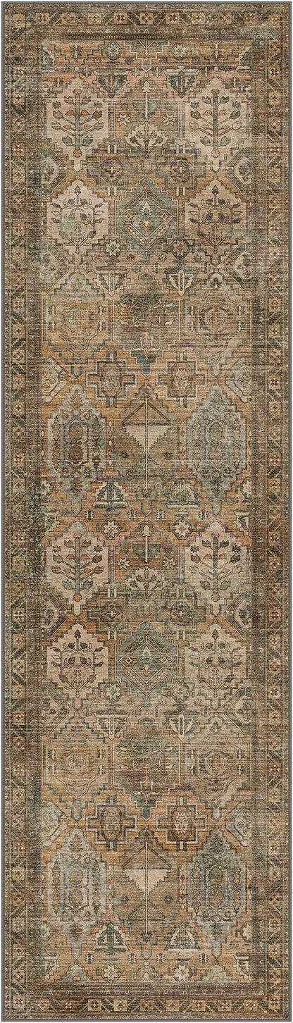 Bavni Kitchen Rug 2x7 Runner Rugs for Hallways Entryway, Washable Vintage Print Carpet, Ultra-Thin Chenille Low Pile Lightweight Rug with Non Slip Backing, Warm Taupe
