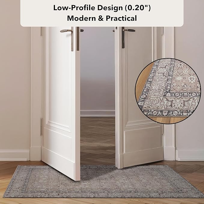 Kuden 5x7 Area Rug, Machine Washable Area Rug with Non-Slip Backing, Vintage Style, Soft, Easy Clean, Low Pile Rug for Living Room, Bedroom, Dining Room